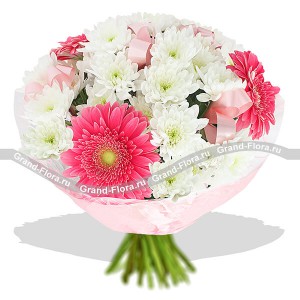 Нежный букет из белых хризантем и розовых гербер